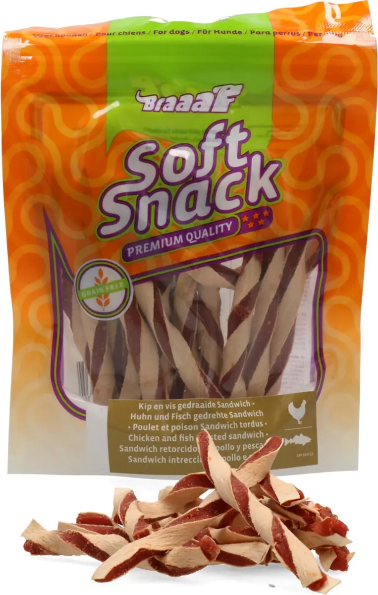 Braaaf Hondensnack Twisted Sandwich Kip-Vis - 85gr - 10 stuks - afbeelding 6 van 6