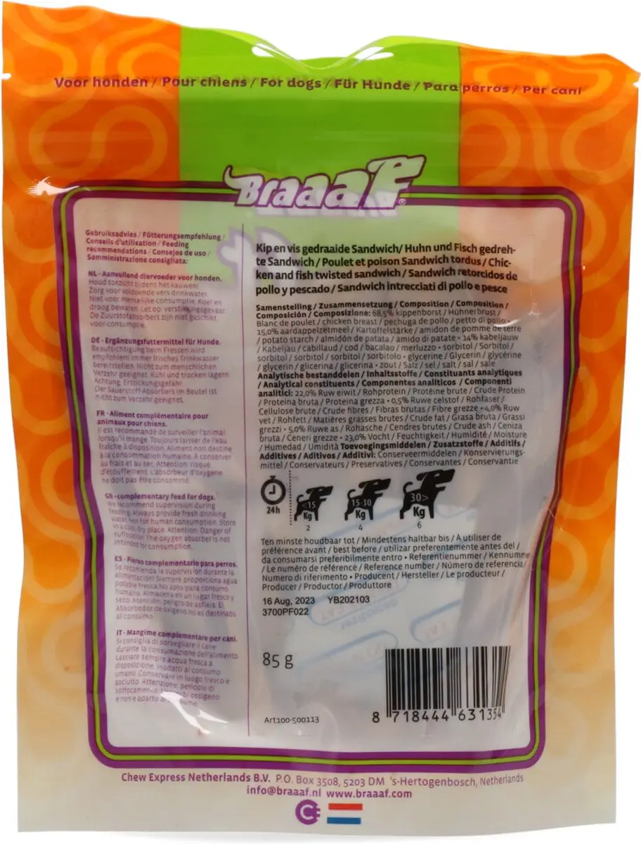 Braaaf Hondensnack Twisted Sandwich Kip-Vis - 85gr - 10 stuks - afbeelding 4 van 6