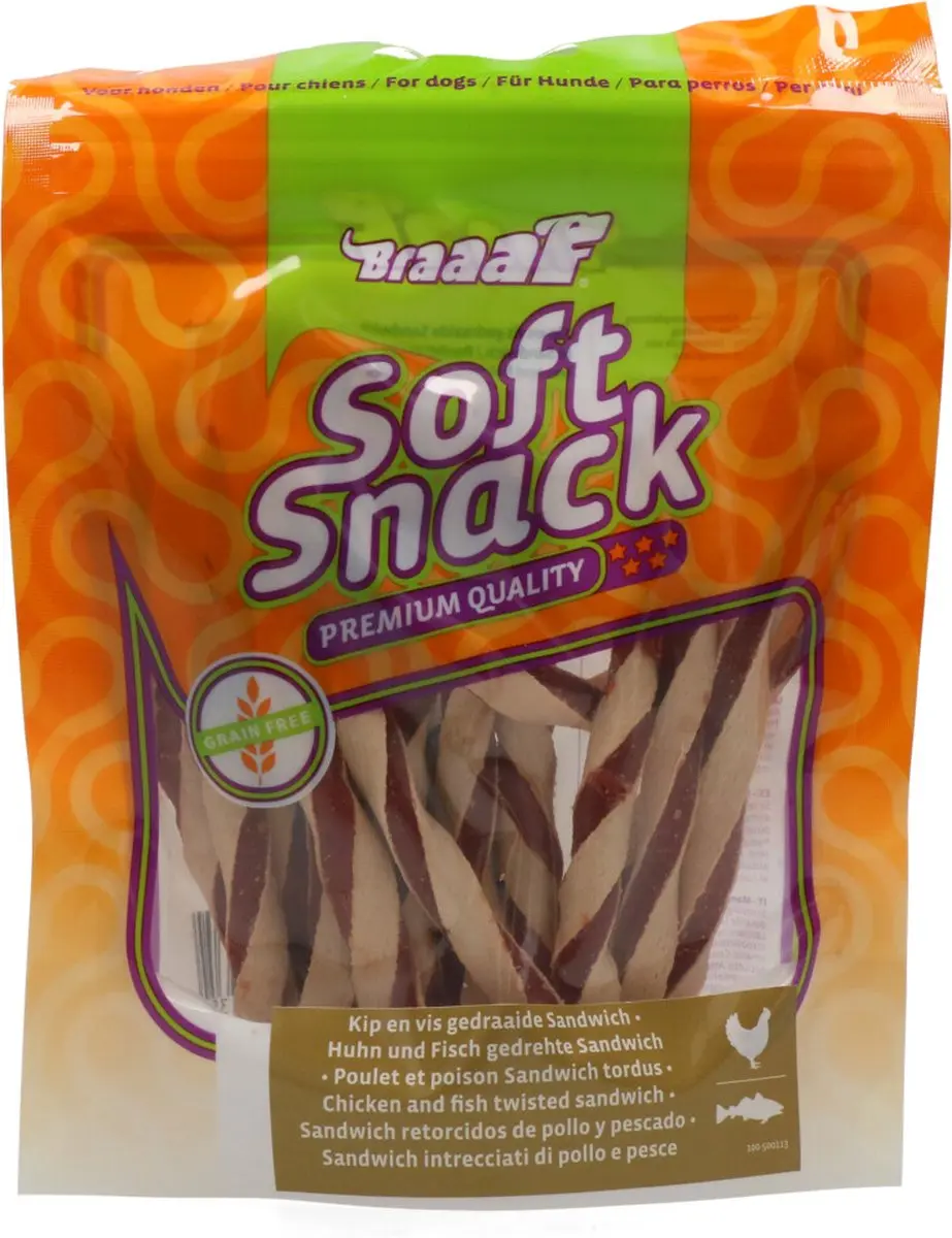 Braaaf Hondensnack Twisted Sandwich Kip-Vis - 85gr - 10 stuks - afbeelding 3 van 6
