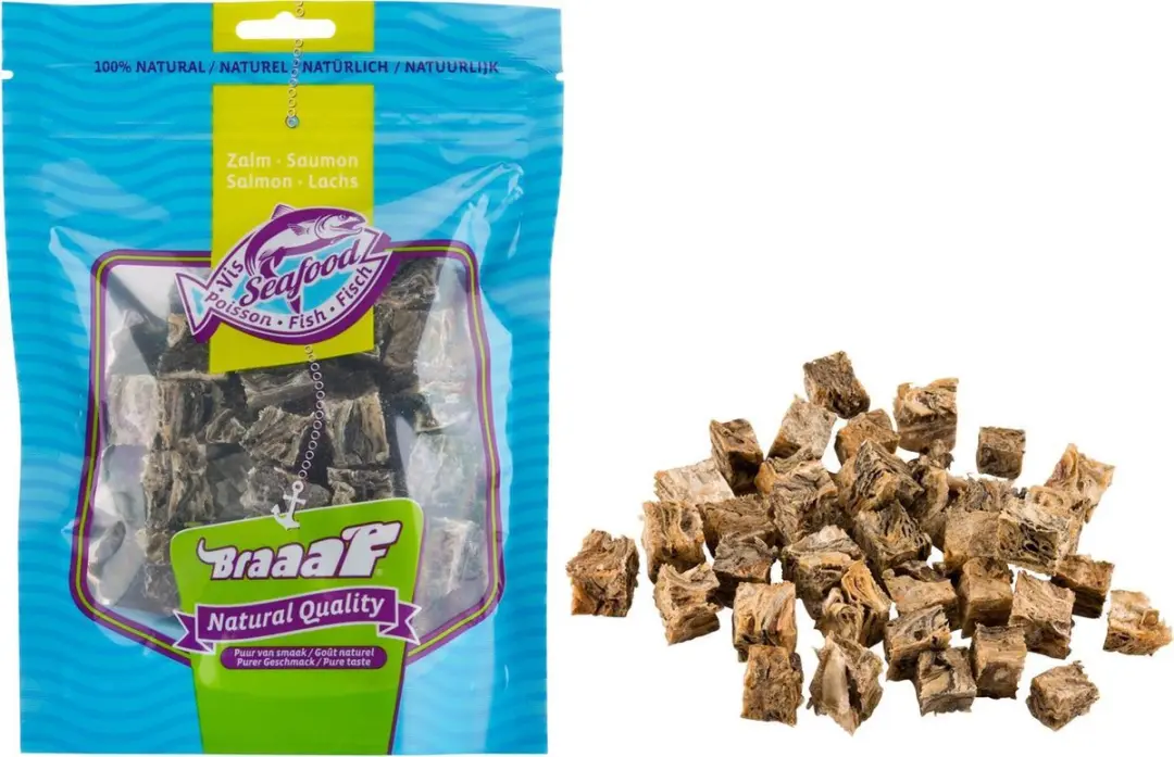 Braaaf Zalmhuid Cubes Hondensnack - 70g - afbeelding 3 van 5