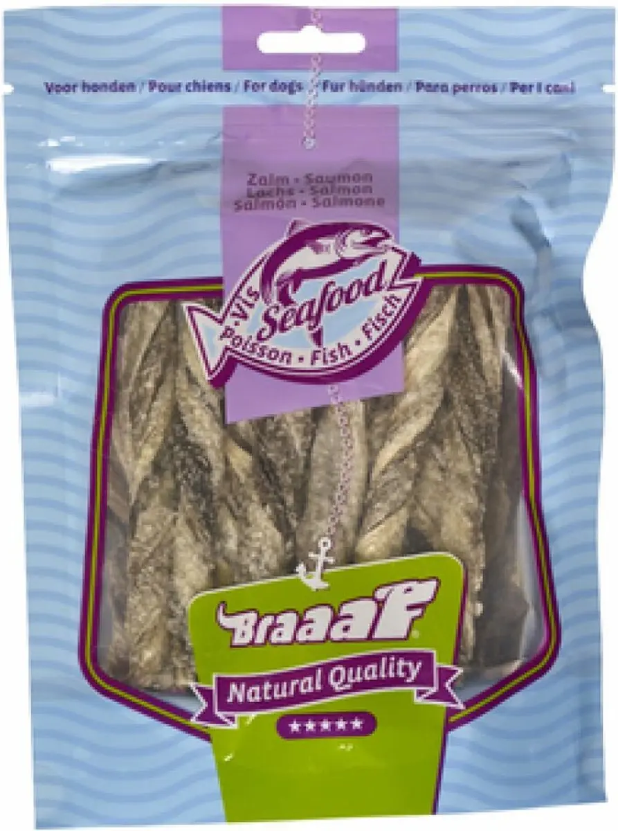 Braaaf Hondensnack Sticks Zalmhuid 12cm - 12x 70g - afbeelding 3 van 4