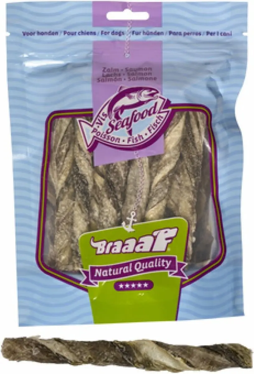 Braaaf Hondensnack Sticks Zalmhuid 12cm - 12x 70g - afbeelding 4 van 4