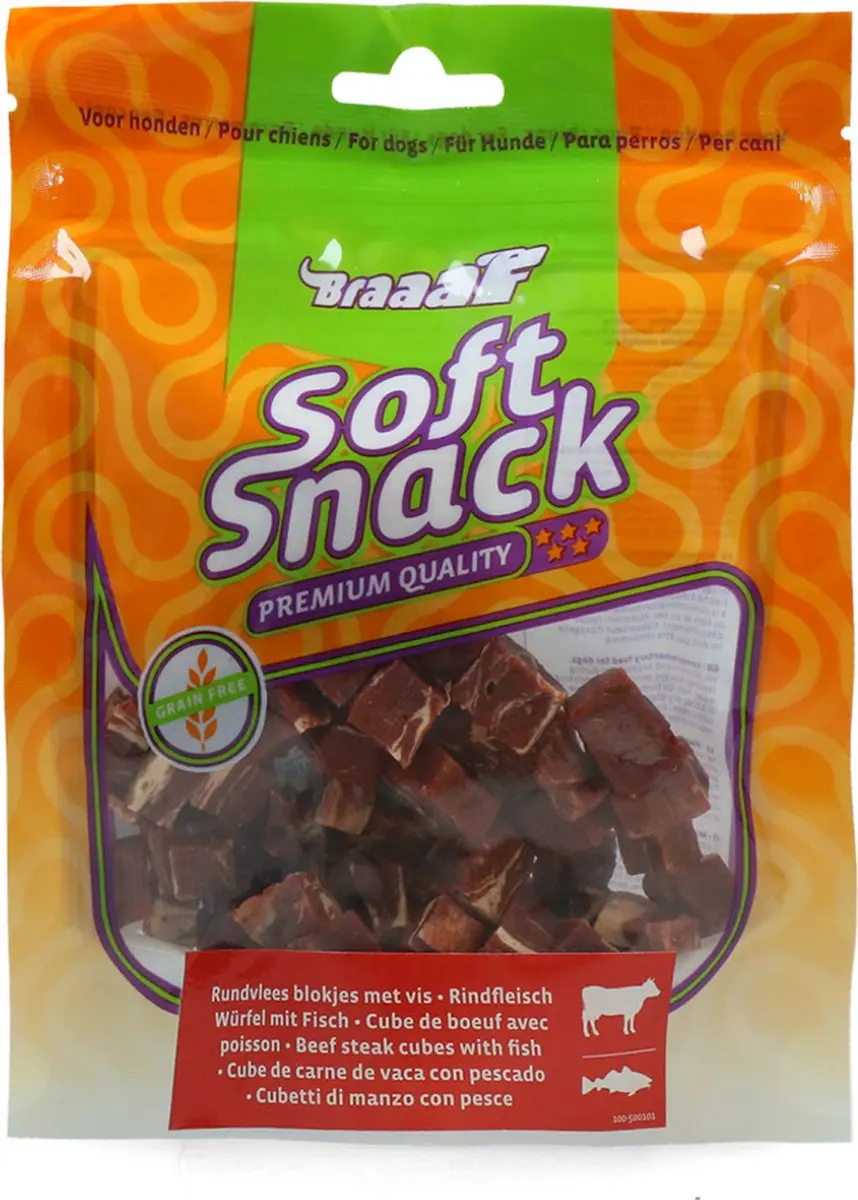 Braaaf Hondensnack Blokjes Rund Steak met Vis - 10x 85g - afbeelding 3 van 6
