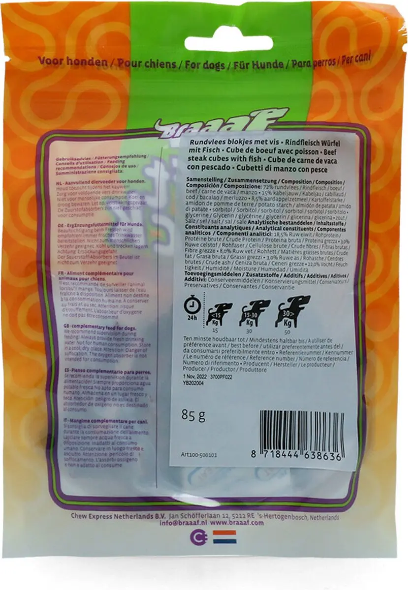 Braaaf Hondensnack Blokjes Rund Steak met Vis - 10x 85g - afbeelding 4 van 6