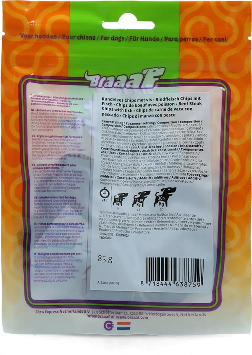 Braaaf Hondensnack Chips Rund Steak met Vis - 10x 85gr - afbeelding 3 van 5