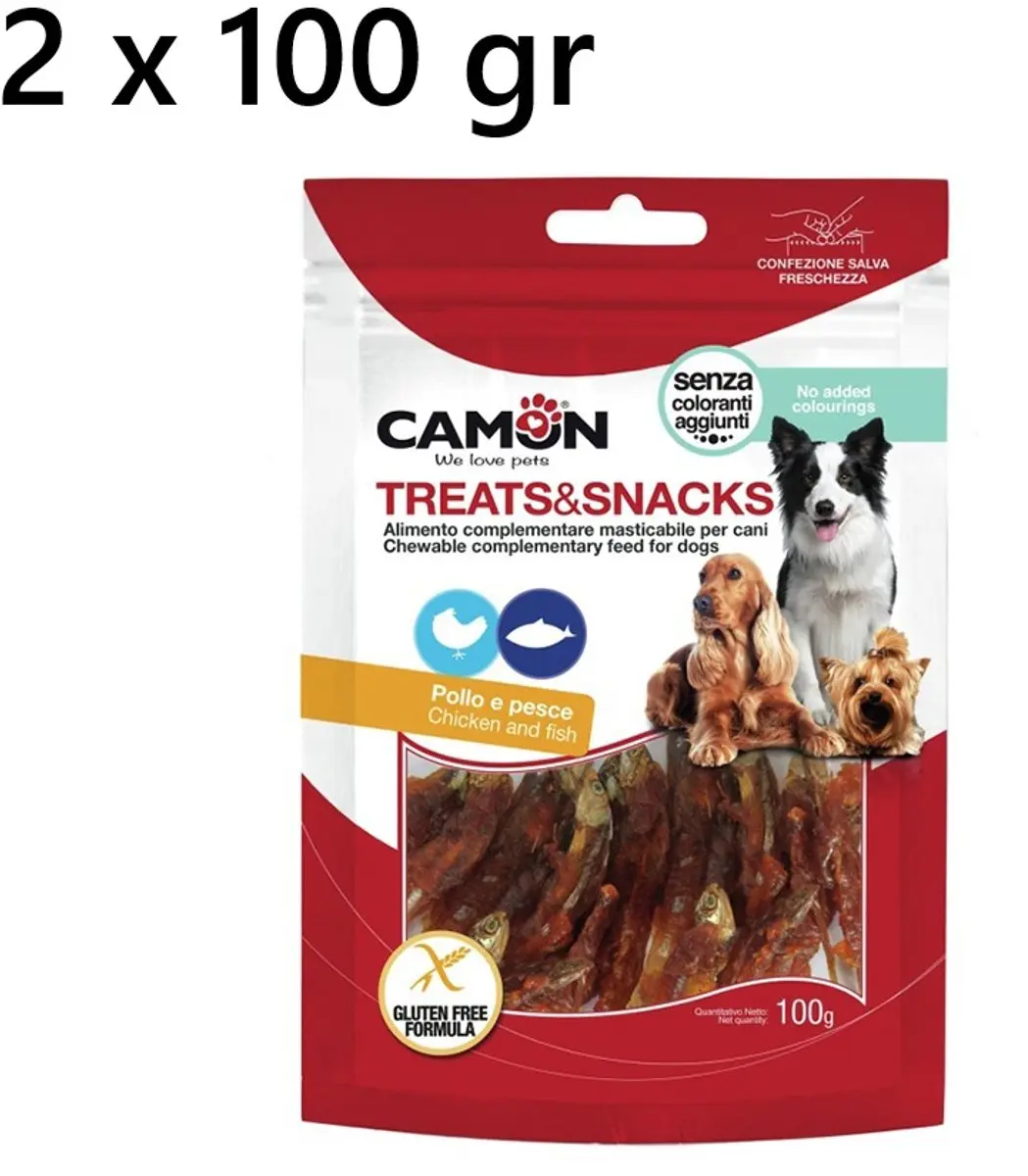 2 X CAMON HONDENSNACK GEWENTELDE VISJES IN KIPPENVLEES 100 GR=200 GR