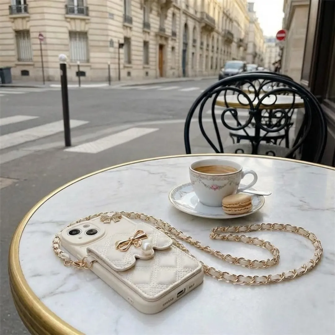 NUVEX iPhone 15 Luxe Hoesje Wit - Met Parelketting & Opbergvak