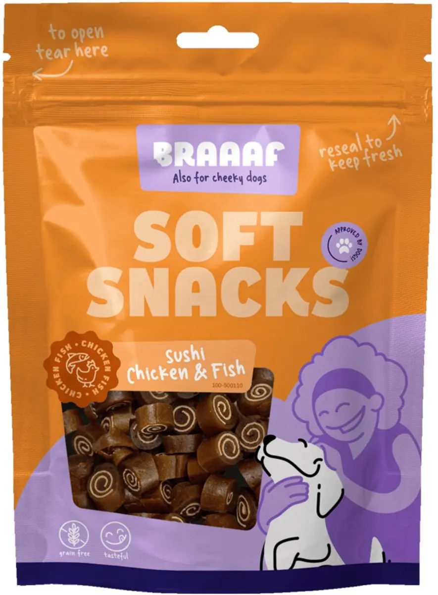 Braaaf Hondensnack Sushi Kip & Vis 10x 85g