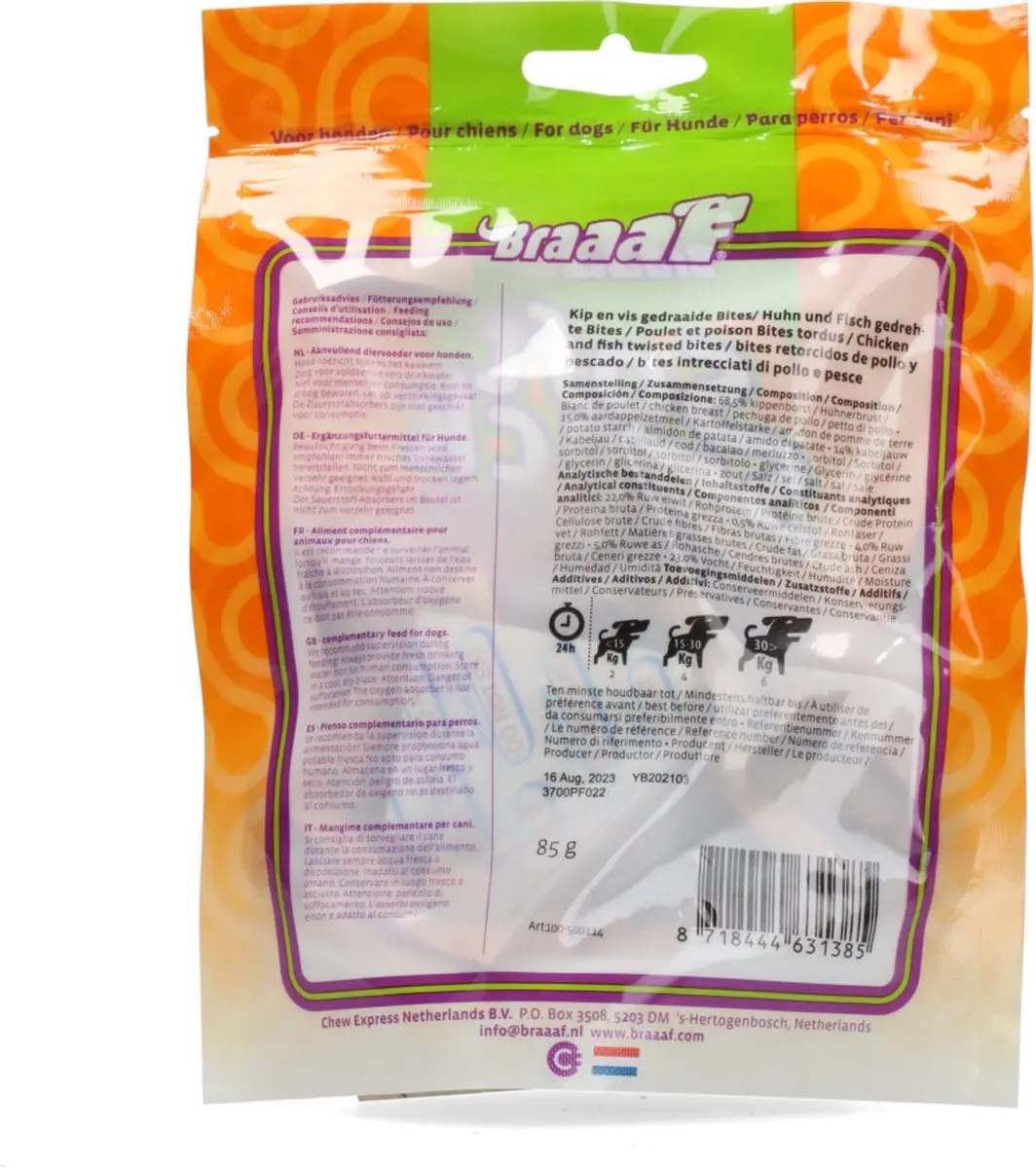 Braaaf Twisted Bites Hondensnack Kip Vis - 10 x 85gr - afbeelding 4 van 6