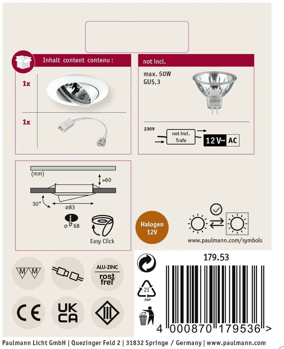 Paulmann Premium Inbouwlamp 83mm GU5.3 50W Wit - afbeelding 6 van 6