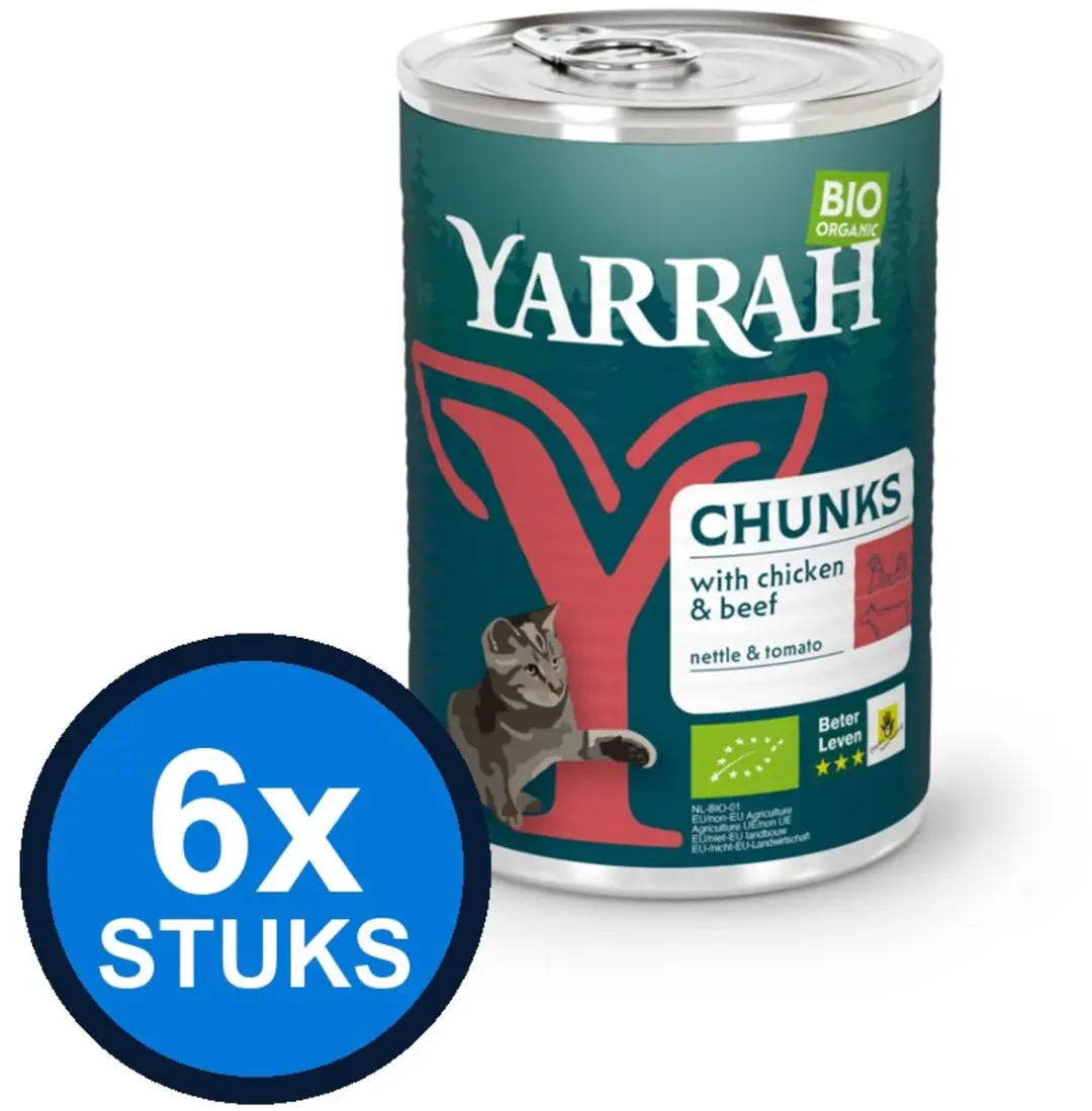 6x Yarrah cat bio blik brokjes saus kip&rund 405gr