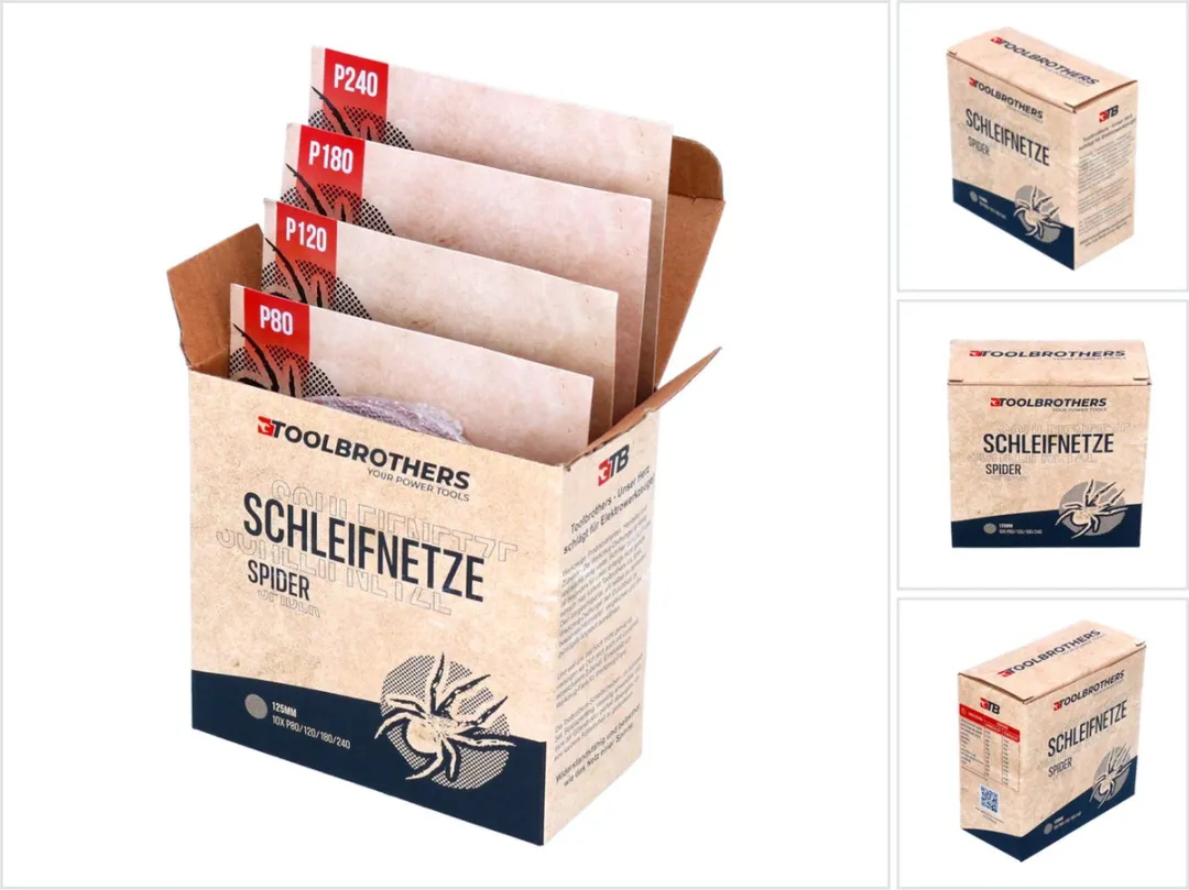Toolbrothers SPIDER schuurset net schuurmiddelen schuurnetten 125 mm klittenband elk 10x P80 / P120 / P180 / P240 voor hardhout, zachthout, lak, steen, staal, aluminium, fineer