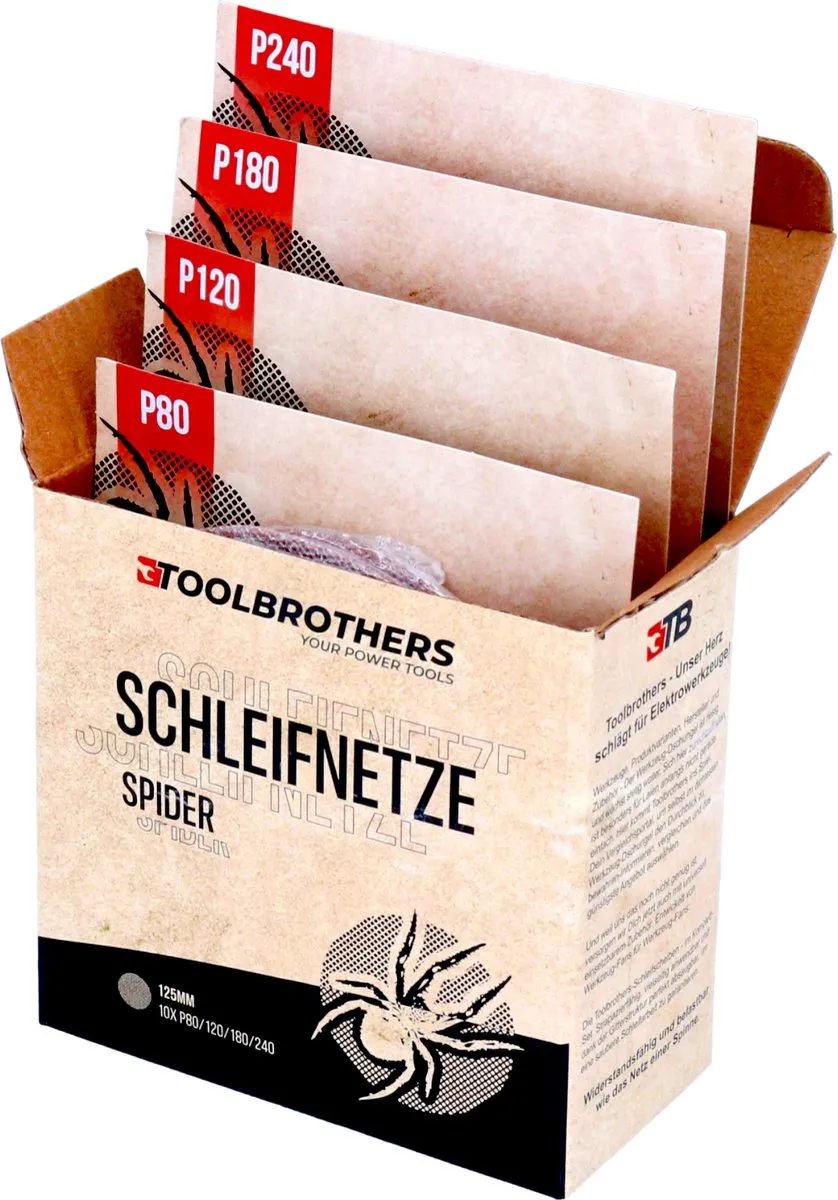 Toolbrothers SPIDER schuurset net schuurmiddelen schuurnetten 125 mm klittenband elk 10x P80 / P120 / P180 / P240 voor hardhout, zachthout, lak, steen, staal, aluminium, fineer