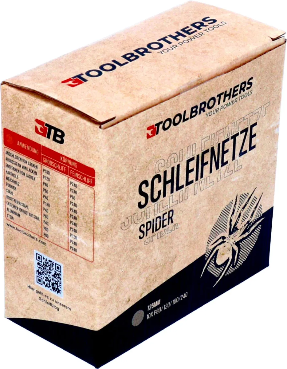 Toolbrothers SPIDER schuurset net schuurmiddelen schuurnetten 125 mm klittenband elk 10x P80 / P120 / P180 / P240 voor hardhout, zachthout, lak, steen, staal, aluminium, fineer