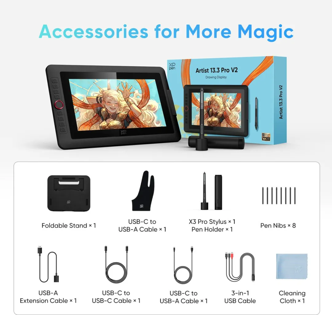 XPPen Artist 13.3 Pro V2 MD130FH-AD41 Grafische Tablet - 13,3" - 16K Drukniveaus - Zwart