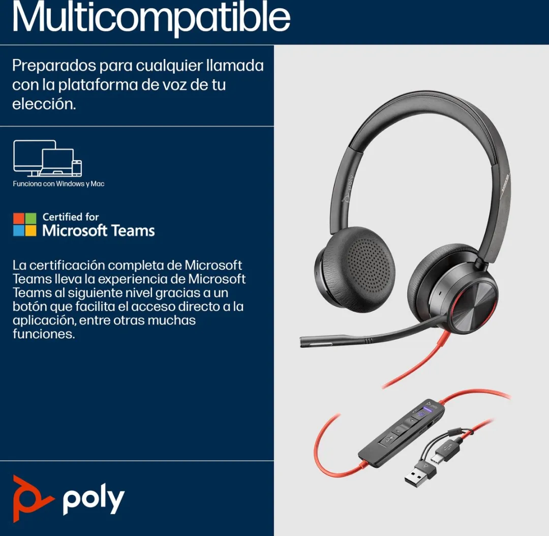 Poly Blackwire C8225-M On-Ear Headset - Noise Cancelling - Zwart