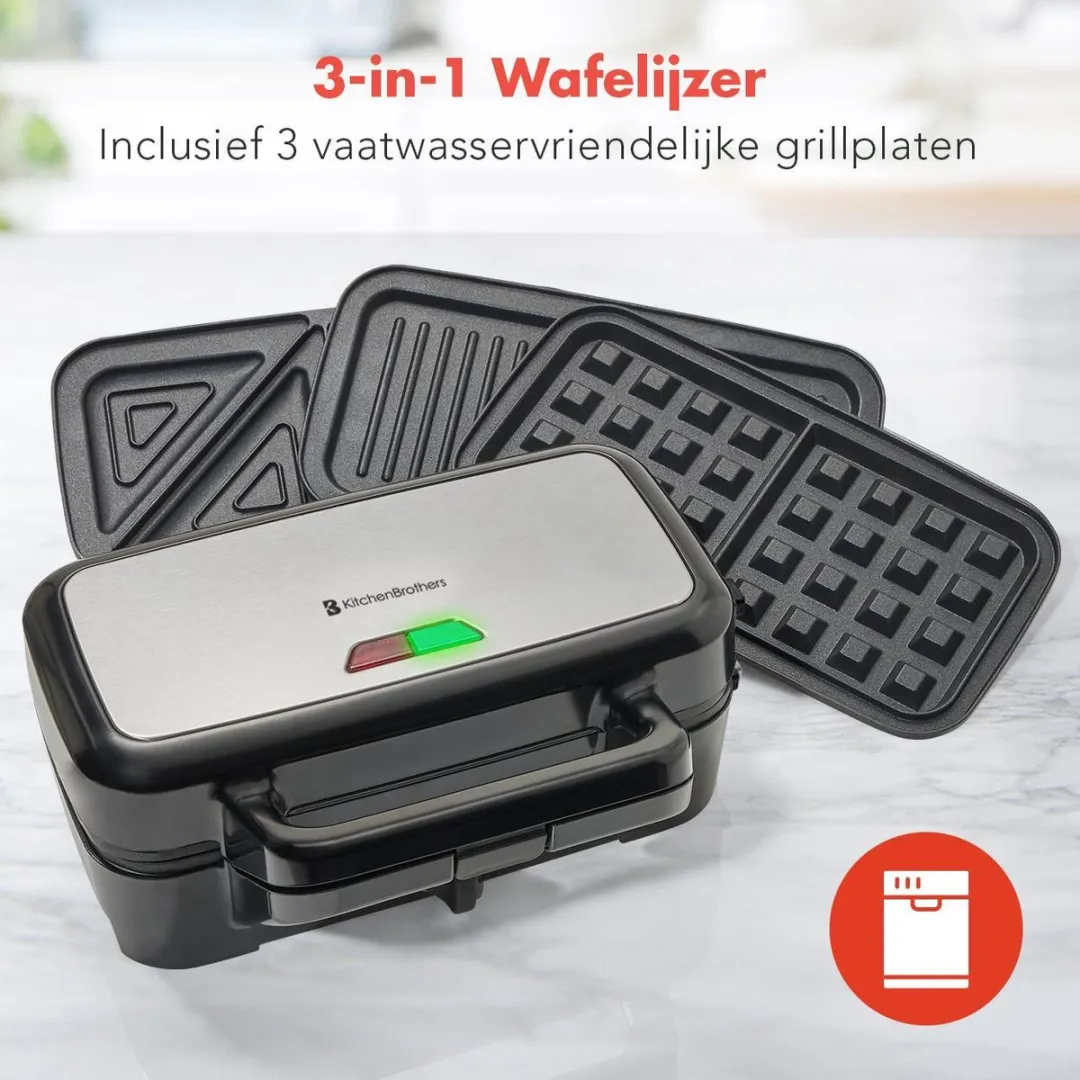 KitchenBrothers KB706 3-in-1 Wafelijzer - Tosti & Contactgrill - 1200W - 2 Wafels - Zwart/RVS