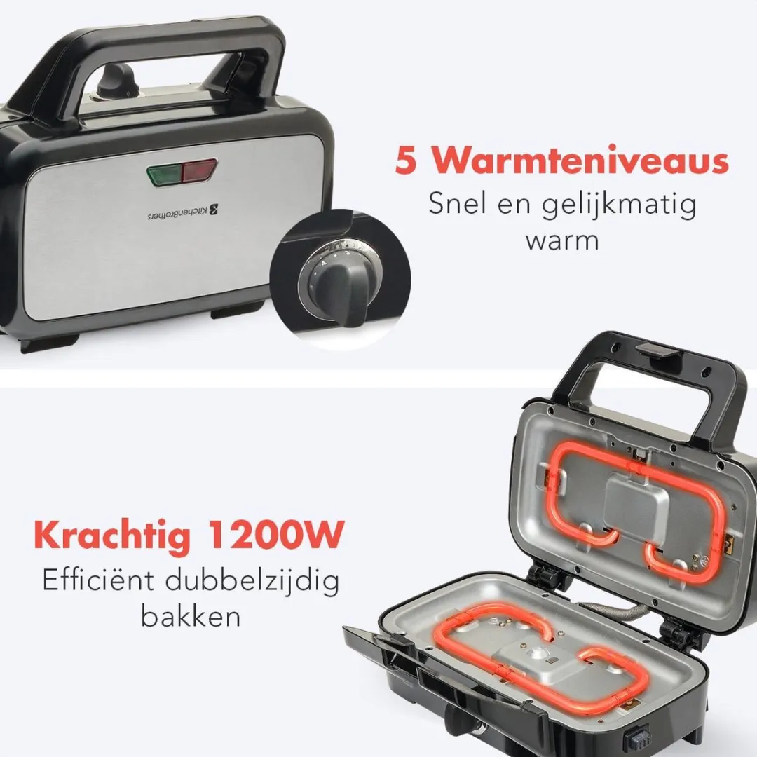KitchenBrothers KB706 3-in-1 Wafelijzer - Tosti & Contactgrill - 1200W - 2 Wafels - Zwart/RVS