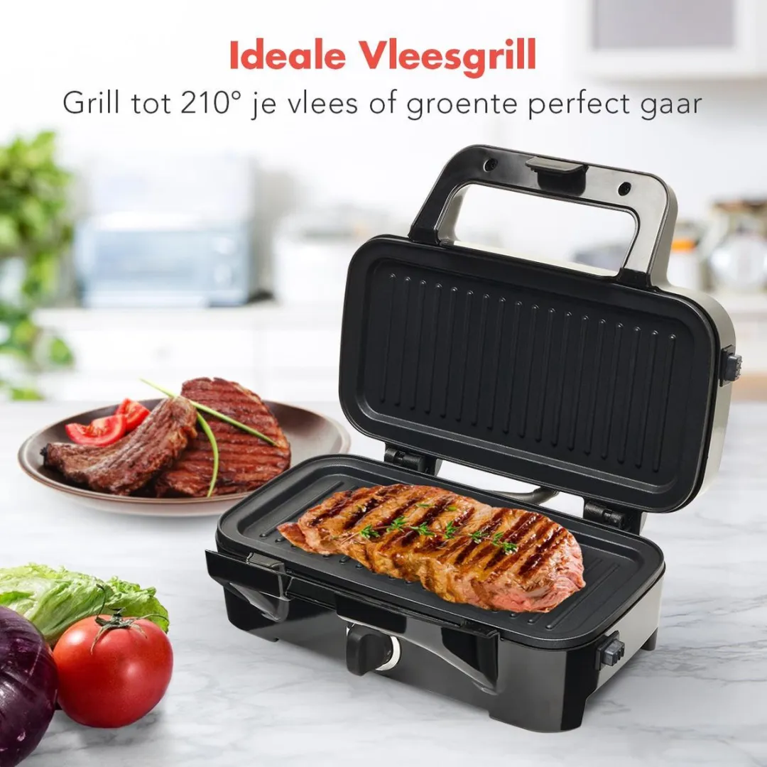 KitchenBrothers KB706 3-in-1 Wafelijzer - Tosti & Contactgrill - 1200W - 2 Wafels - Zwart/RVS