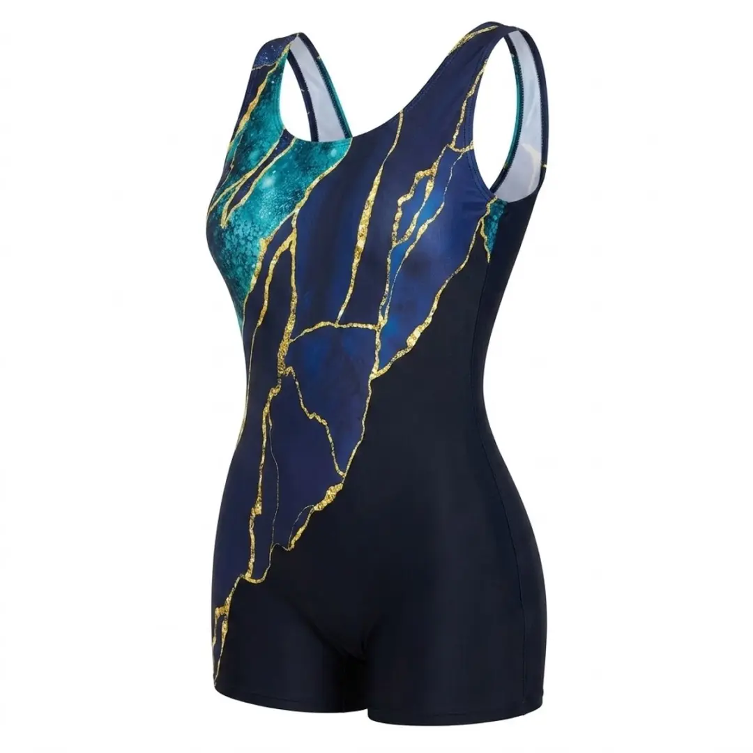 Donkerblauw Groen Geel Sport Badpak Dames Maat S – Eendelig Zwempak met Marmerprint, Brede Schouderbanden en Korte Pijpen – Aansluitend Badpak voor Zwemmen, Training en Watersport