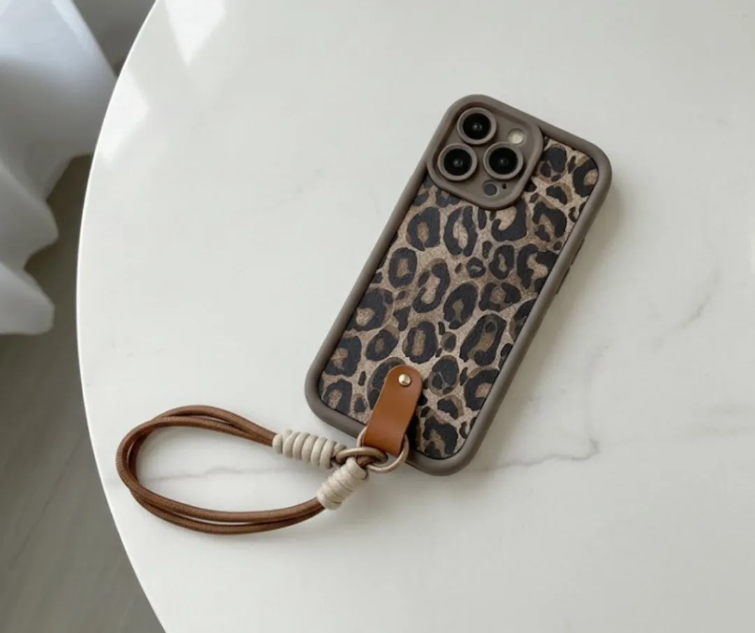 NUVEX iPhone 15 Pro Max Hoesje - Bruin Luipaard Print - Met Koord
