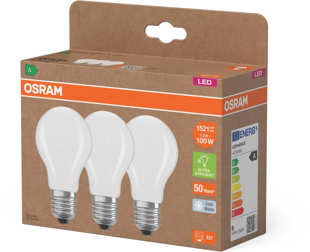 Osram LED Classic A100 Filament 7,2W E27 Mat - 4000K - 1521lm - 50.000u - 3 Stuks