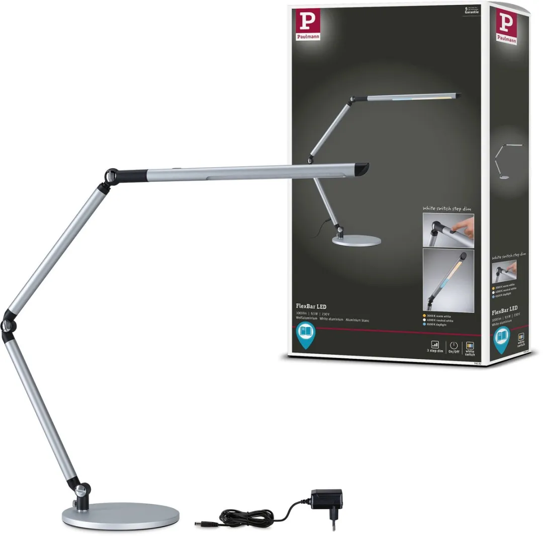 Paulmann LED-bureaulamp FlexBar White Switch 700lm - Zilver mat