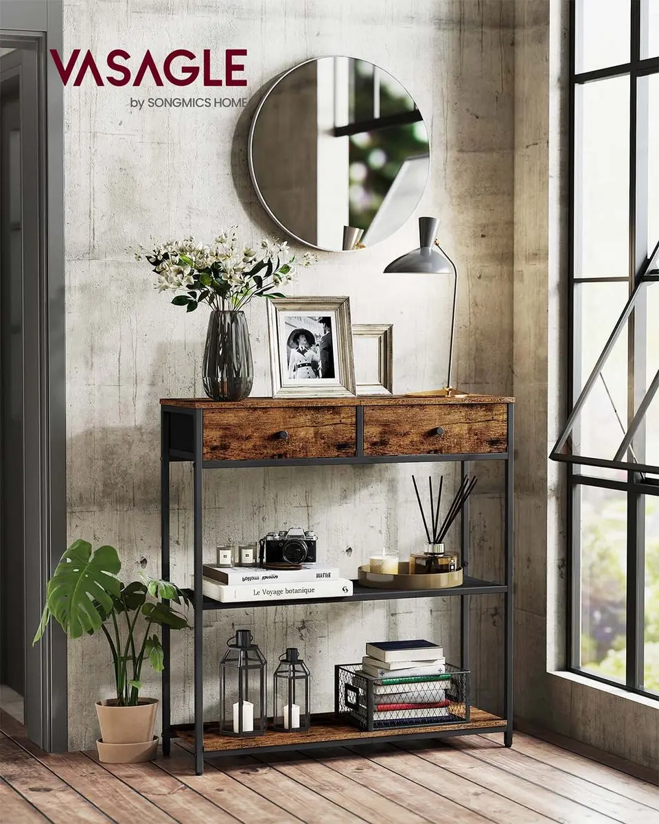 Songmics Smalle Consoletafel LNT092K01 met Stoffen Lades - Vintagebruin-Zwart - afbeelding 2 van 6