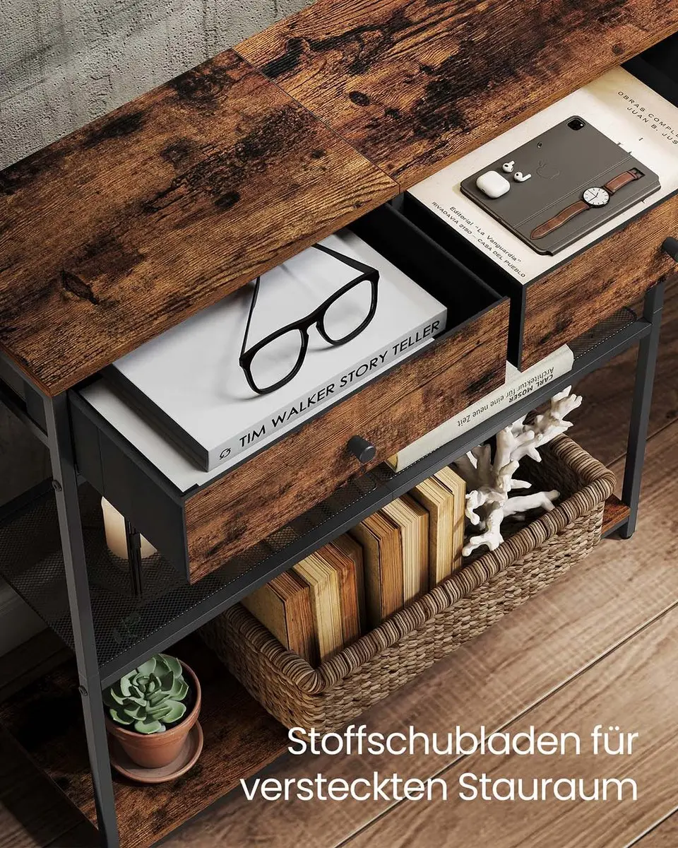Songmics Smalle Consoletafel LNT092K01 met Stoffen Lades - Vintagebruin-Zwart - afbeelding 4 van 6