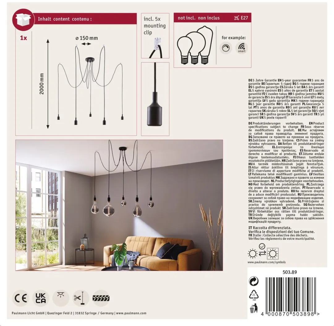 Paulmann Neordic Hanglamp Ketil E27 5x60W - Zwart - afbeelding 6 van 6