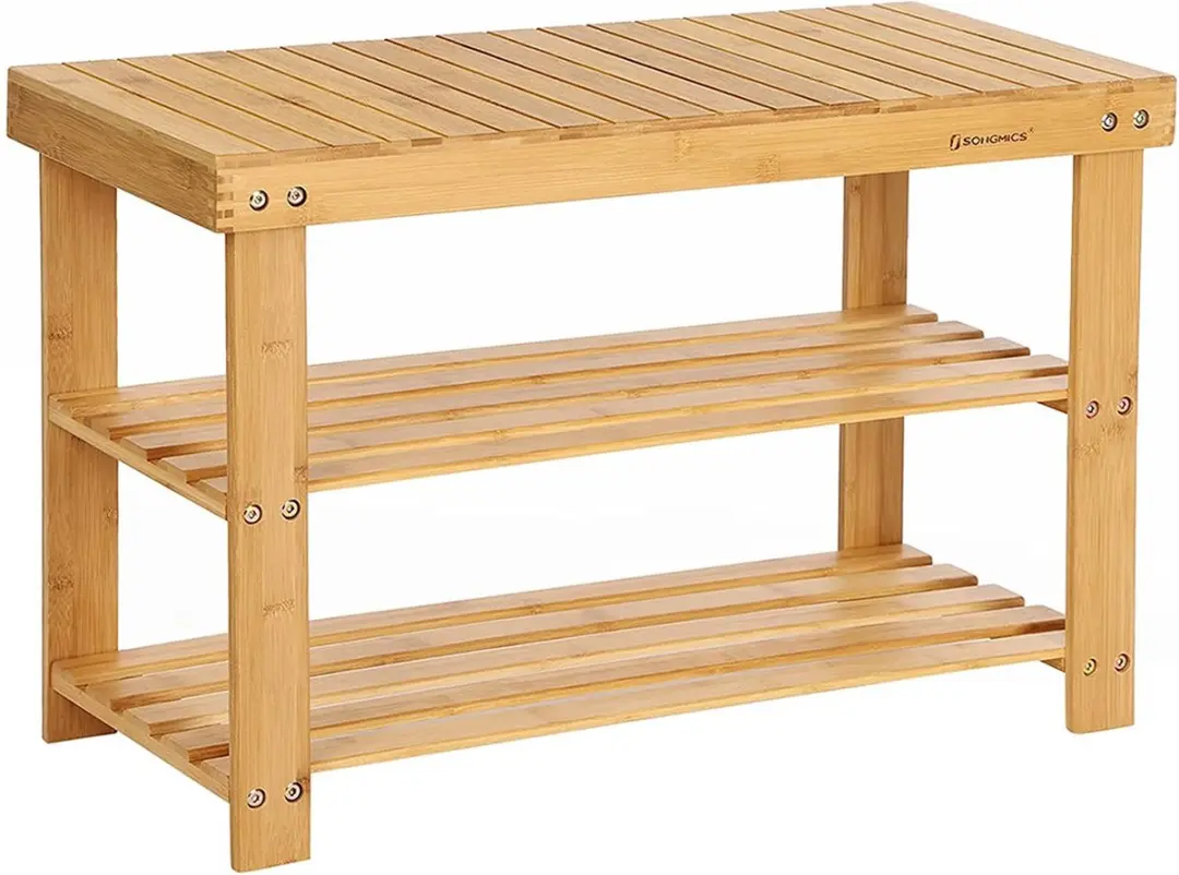 Nancy's Schoenenrek, schoenenkast met zitbank, bamboe schoenenbank met 3 planken