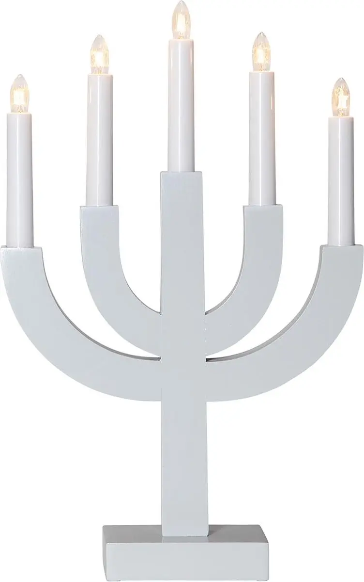 Lichtgrijze kandelaar 'Selma' van gelakt grenenhout, 5-lichts, E10-lamp, H 40 cm