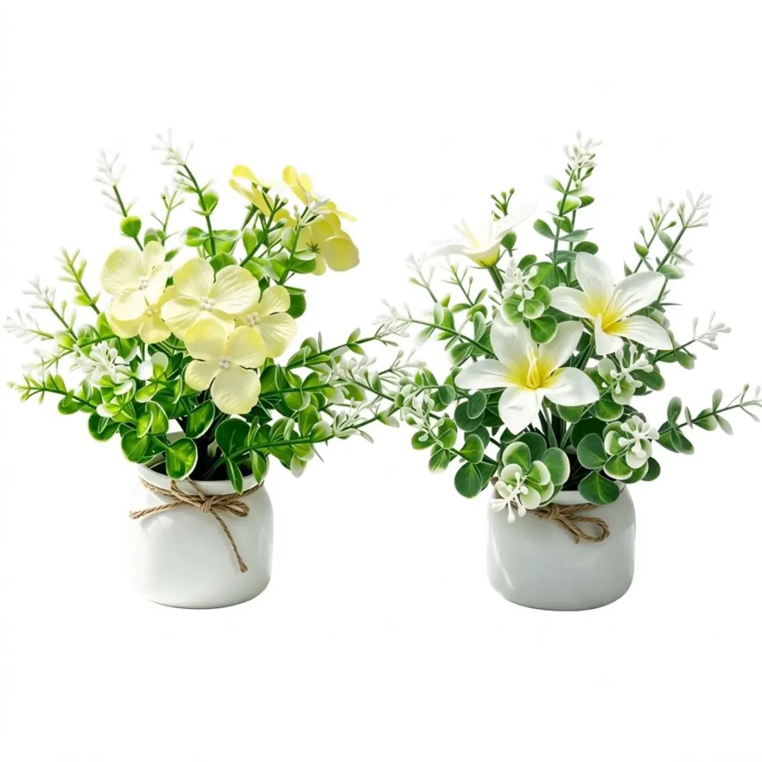 Witte gele kunstbloemen in witte potten 2 stuks