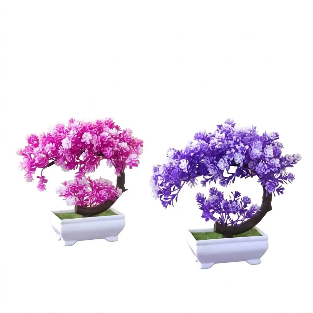 Roze paarse kunstplanten bonsai in witte potten 2 stuks