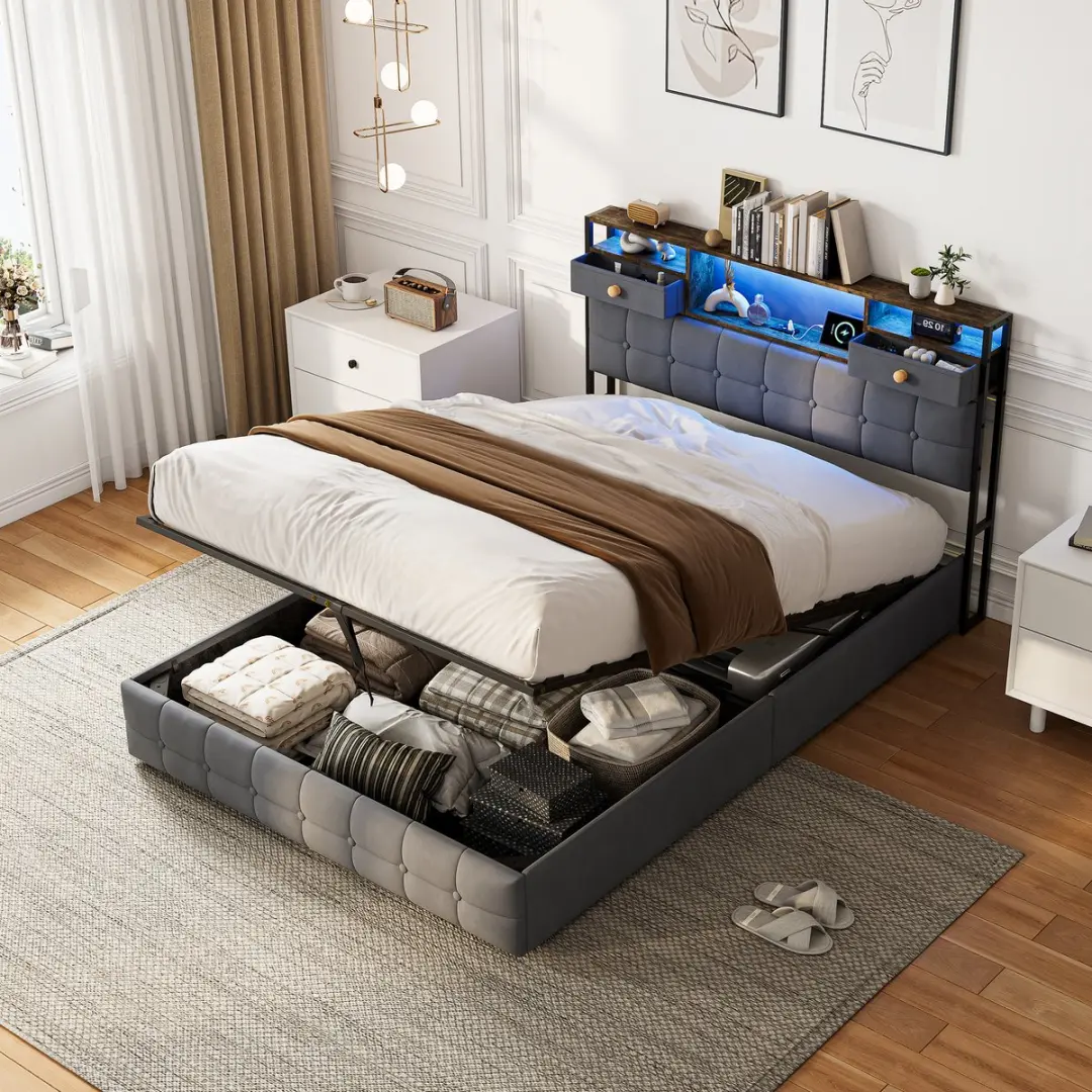 Opbergbed 160x200 cm grijs fluweel met RGB LED-verlichting, USB & Type-C, hoofdb