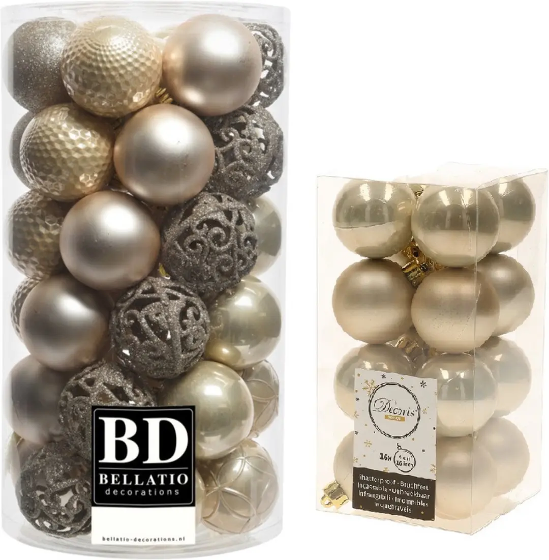 Kerstversiering kunststof kerstballen parel/champagne 4-6 cm pakket van 53x stuk