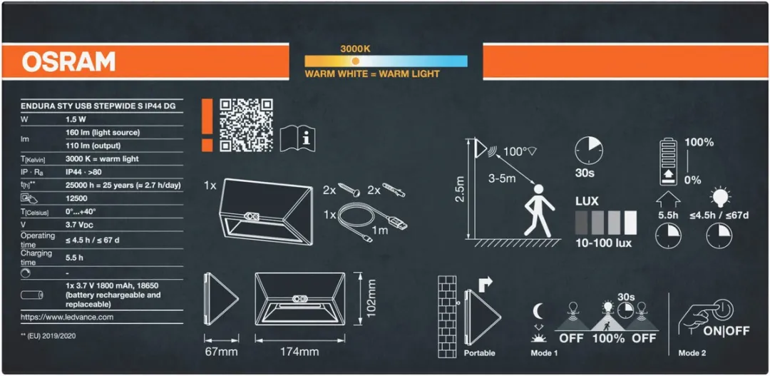 Osram Endura Style USB Wall Step Wide Sensor IP44 - Warm wit licht