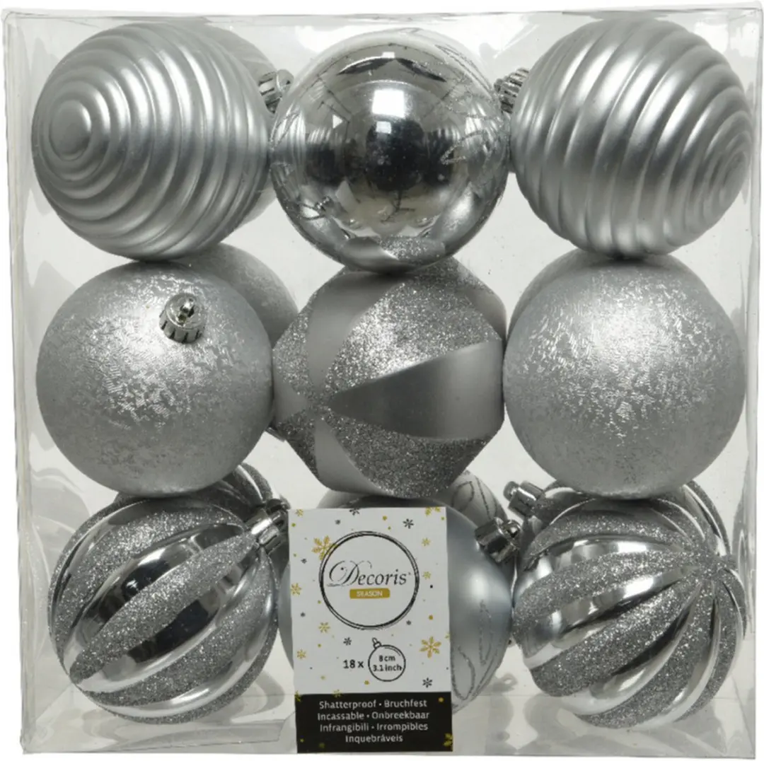 Decoris Kerstballen 18x stuks - zilver kunststof 8 cm - luxe afwerking - onbreekbaar - kerstversiering