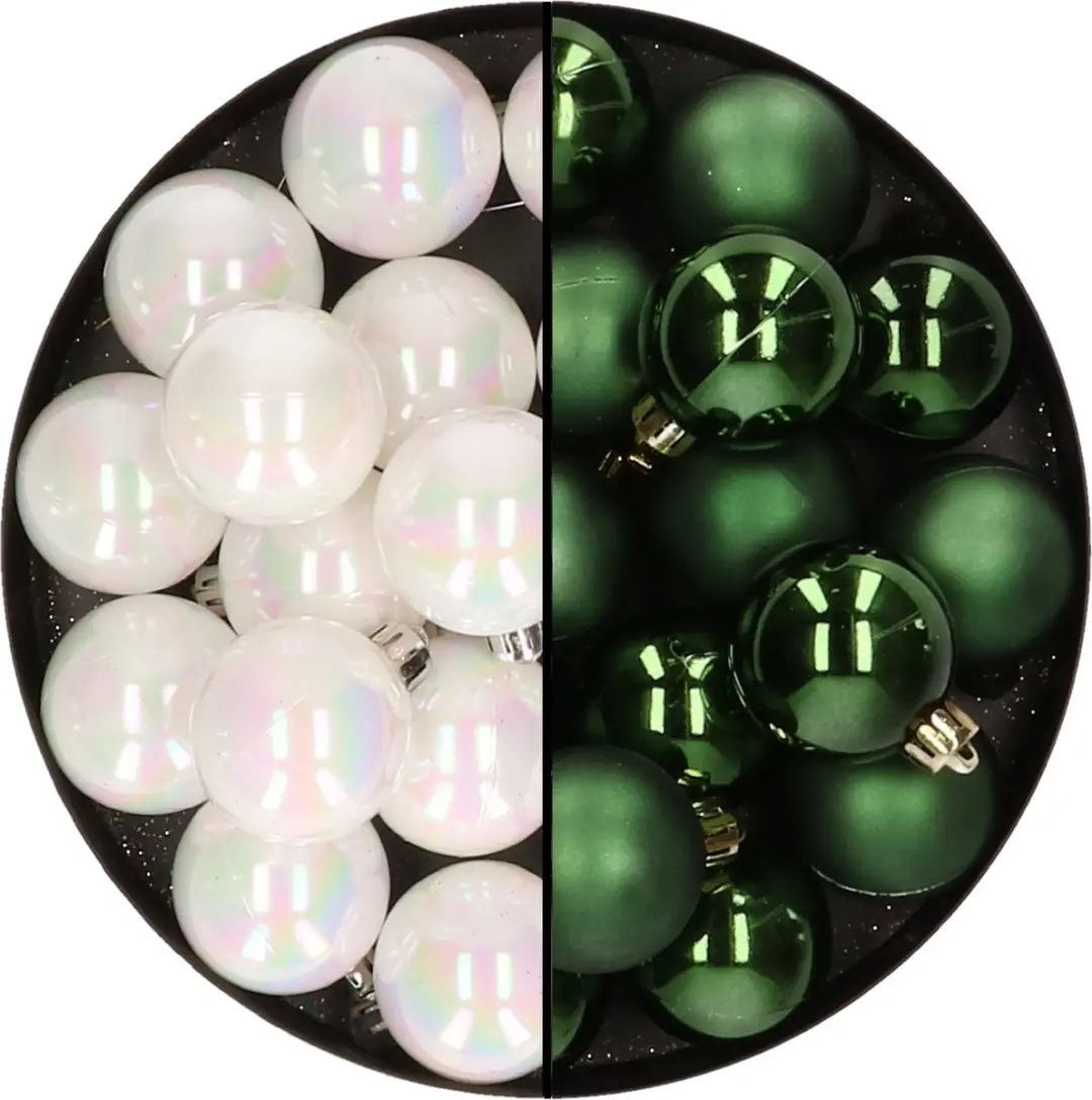 32x stuks kunststof kerstballen mix van parelmoer wit en donkergroen 4 cm - Kerstversiering