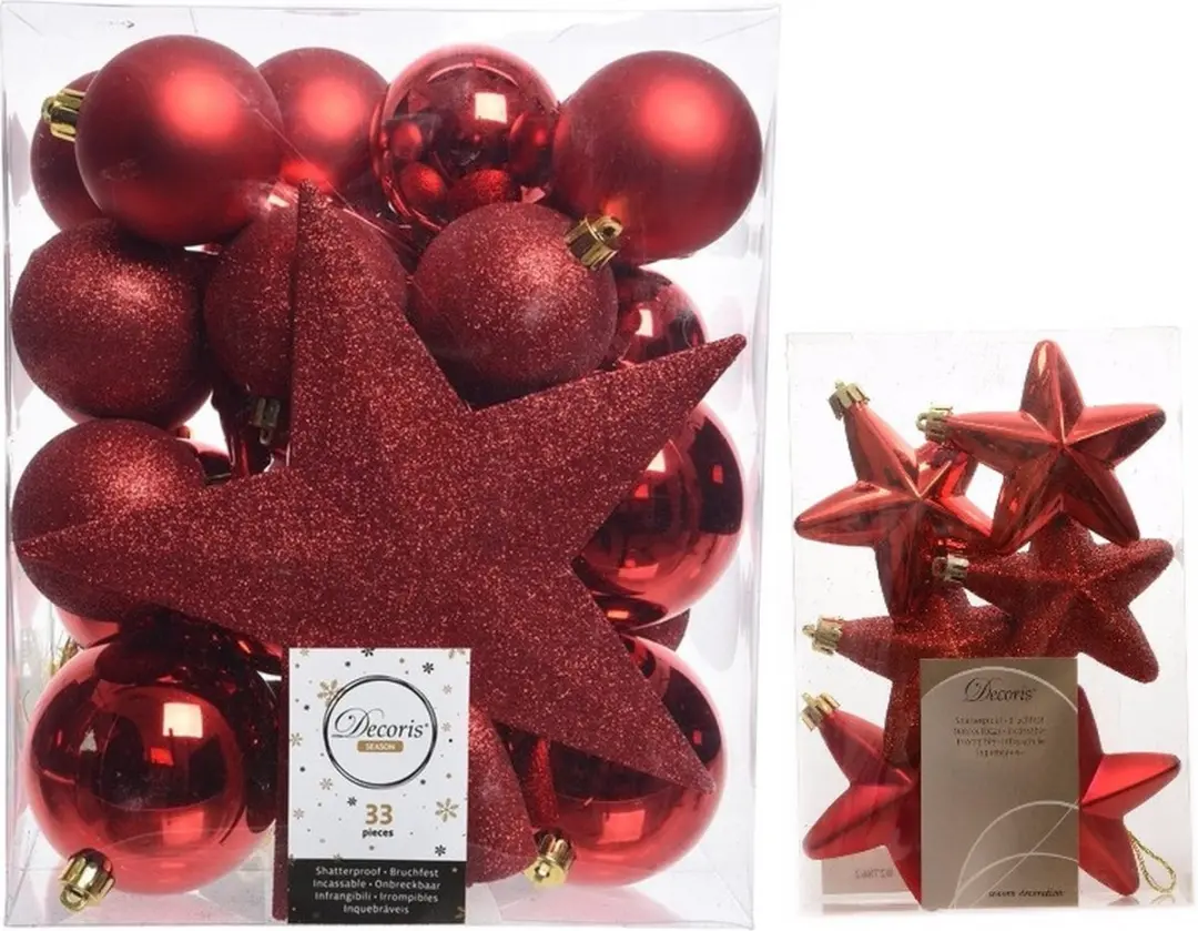 Kerstversiering kunststof kerstballen en hangers rood 5-6-8 cm pakket van 39x stuks - Met ster vorm piek van 19 cm