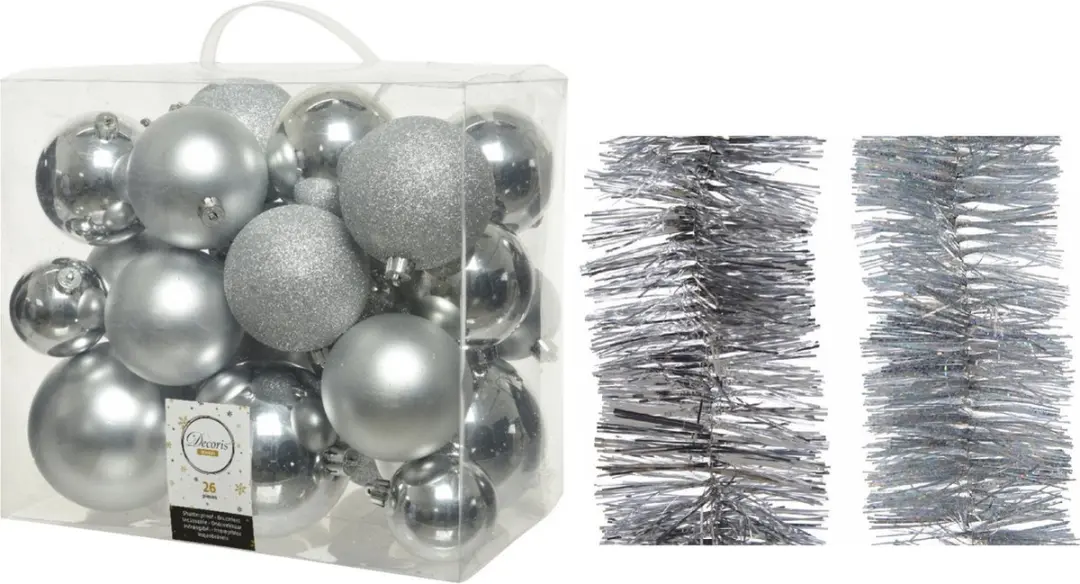 Kerstversiering kunststof kerstballen 6-8-10 cm met folieslingers pakket zilver van 28x stuks - Kerstboomversiering
