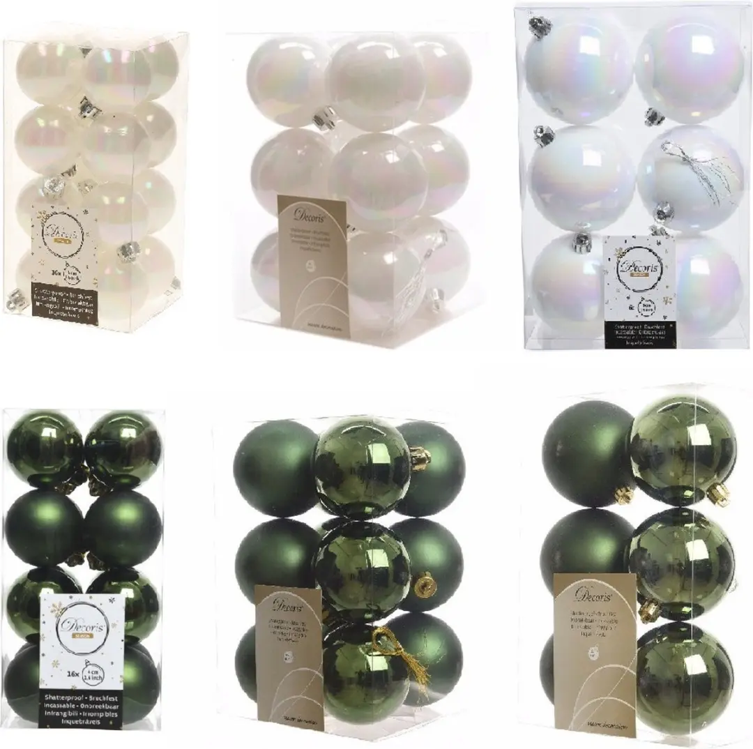 Kerstversiering kunststof kerstballen kleuren mix donkergroen/parelmoer wit 4-6-