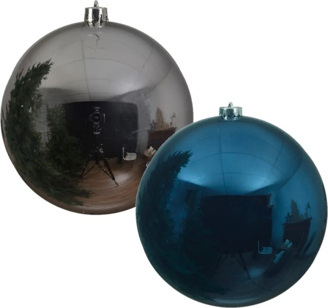 2x stuks grote kerstballen van 20 cm glans van kunststof blauw en zilver