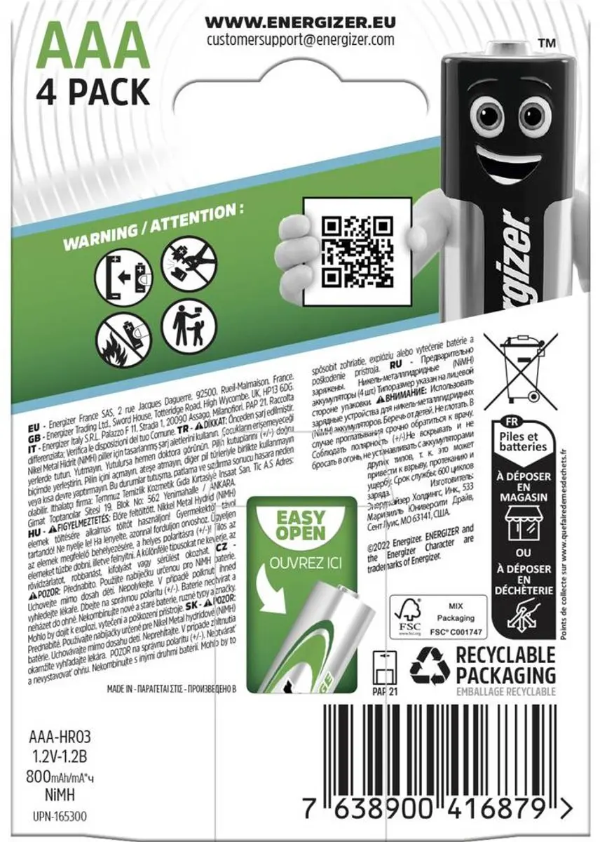 Energizer Recharge Extreme 800 AAA Oplaadbare Batterij - 800mAh - afbeelding 3 van 6