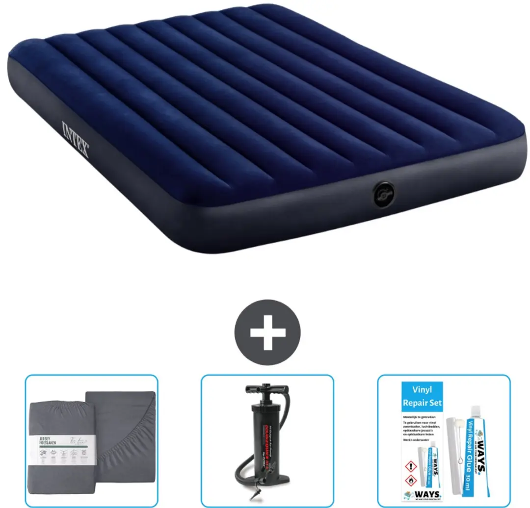 Intex Luchtbed - 2-Persoons - 152 x 203 x 25 cm cm - Blauw - Inclusief Hoeslaken - Pomp en Reparatieset