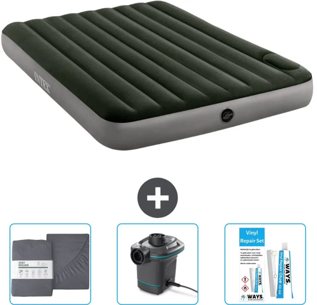 Intex Luchtbed - 2-Persoons - 152 x 203 x 25 cm - Groen - Inclusief Hoeslaken - Pomp en Reparatieset