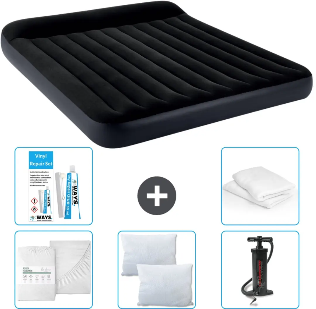 Intex Luchtbed - 2-Persoons - 183 x 203 x 25 cm - Donkerblauw - Inclusief Hoeslaken - Kussen - Pomp - Reparatieset en Kussenbeschermer