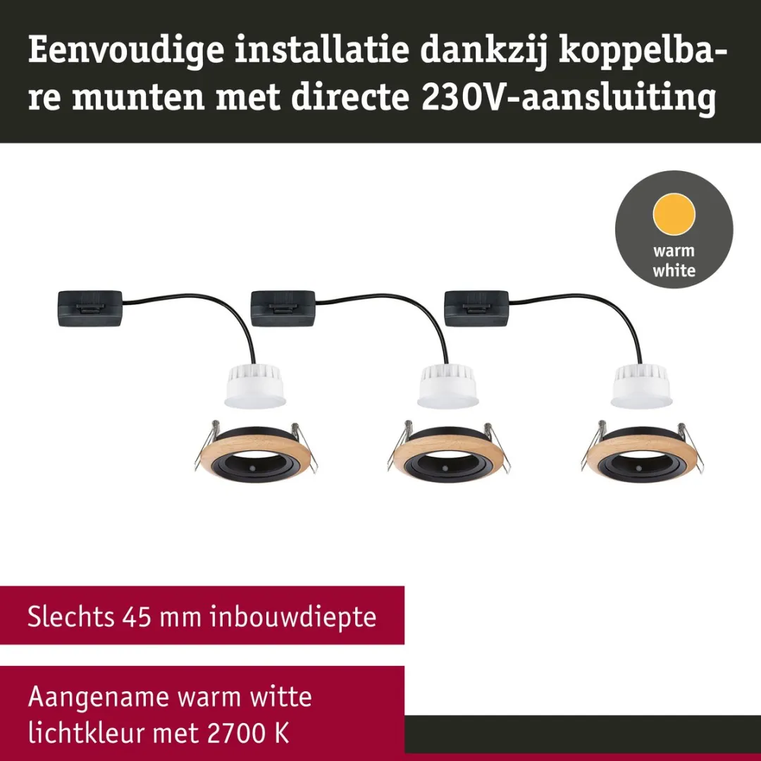 Paulmann Lanati LED-inbouwlamp Set 3x6W 470lm 2700K - Geoliede eikenkleur/Zwart mat - afbeelding 6 van 6