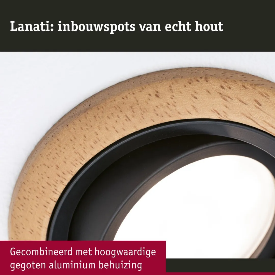 Paulmann Lanati LED-inbouwlamp Set 3x6W 470lm 2700K - Geoliede eikenkleur/Zwart mat