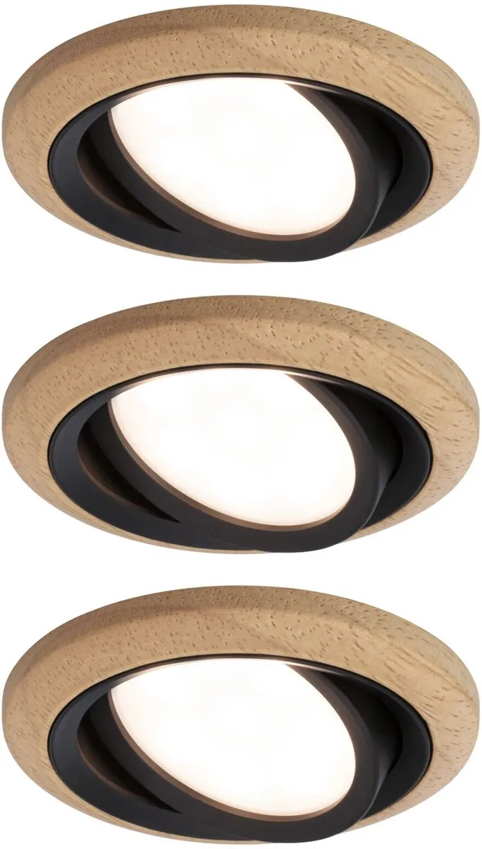 Paulmann Lanati LED-inbouwlamp Set 3x6W 470lm 2700K - Geoliede eikenkleur/Zwart mat